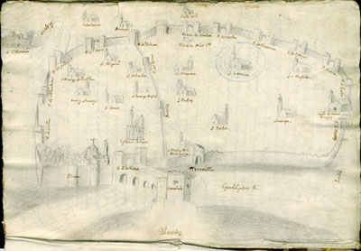 Dibujo anónimo de la ciudad de Córdoba (1752). Archivo de la Catedral de Córdoba (Colección Vázquez Venegas, v. 260/1-2)