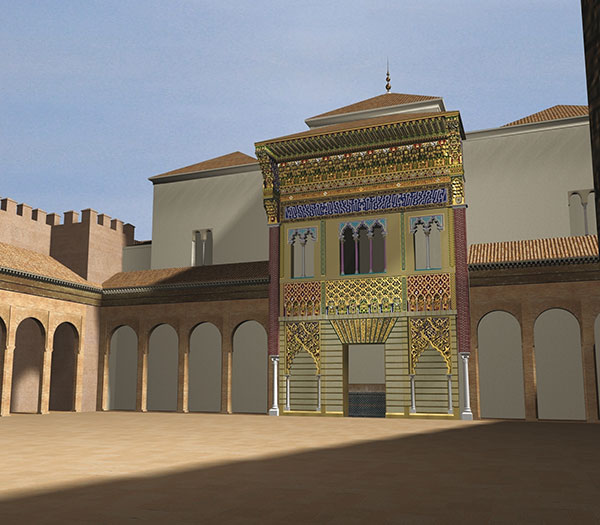 Reconstrucción virtual de la fachada del palacio de Pedro I del Alcázar de Sevilla. (Hipótesis de A. Almagro, imagen de M. González).